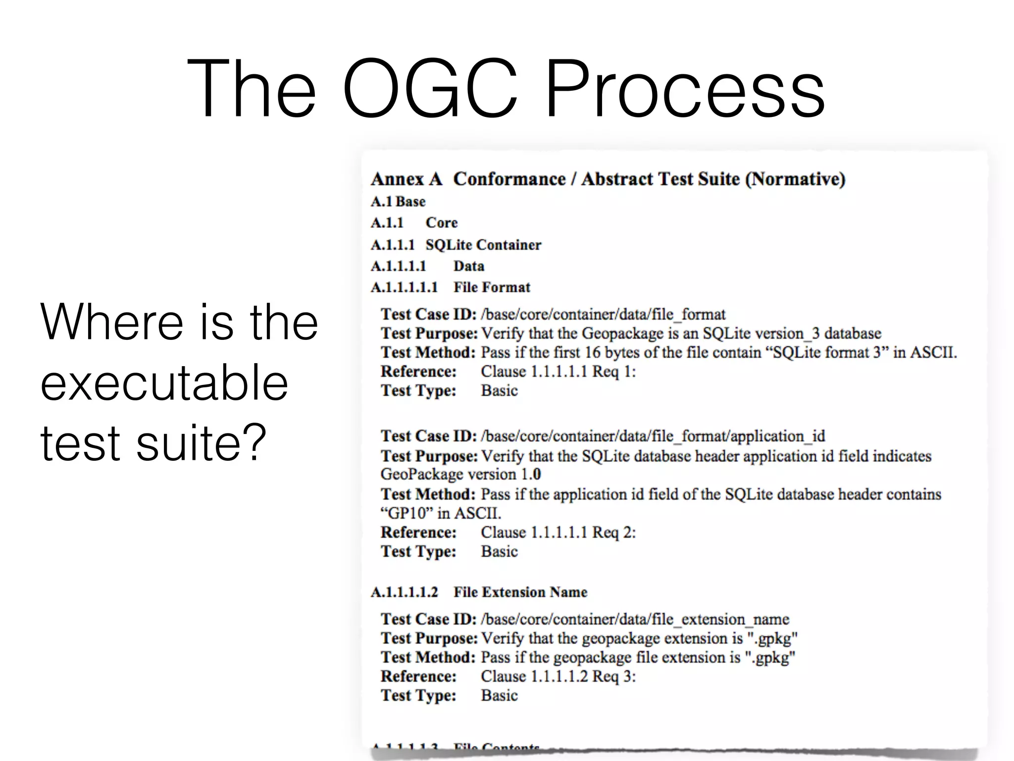 The OGC Process 
Where is the 
executable 
test suite? 
 