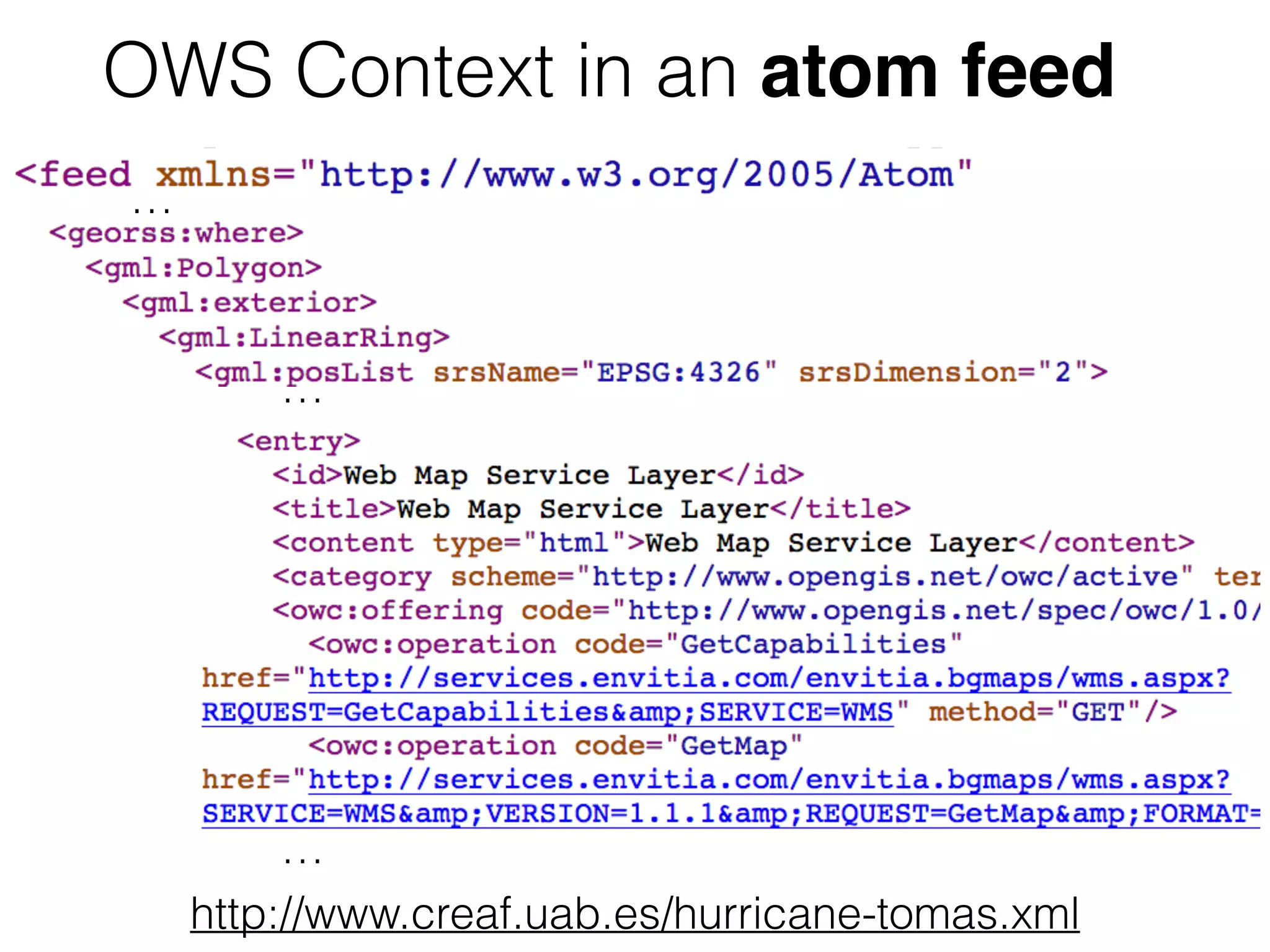 OWS Context in an atom feed 
… 
… 
… 
http://www.creaf.uab.es/hurricane-tomas.xml 
… 
 