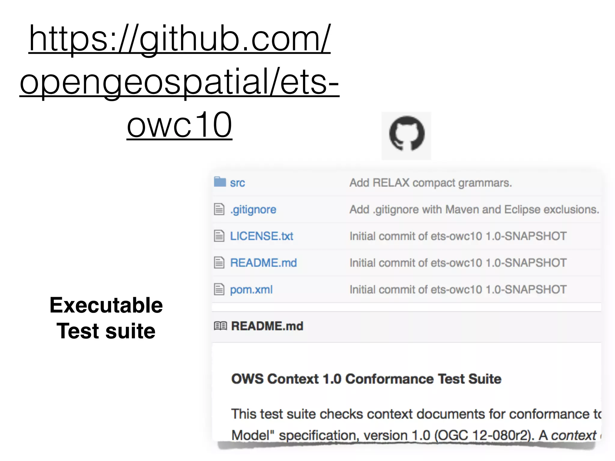 https://github.com/ 
opengeospatial/ets-owc10 
Executable ! 
Test suite 
 