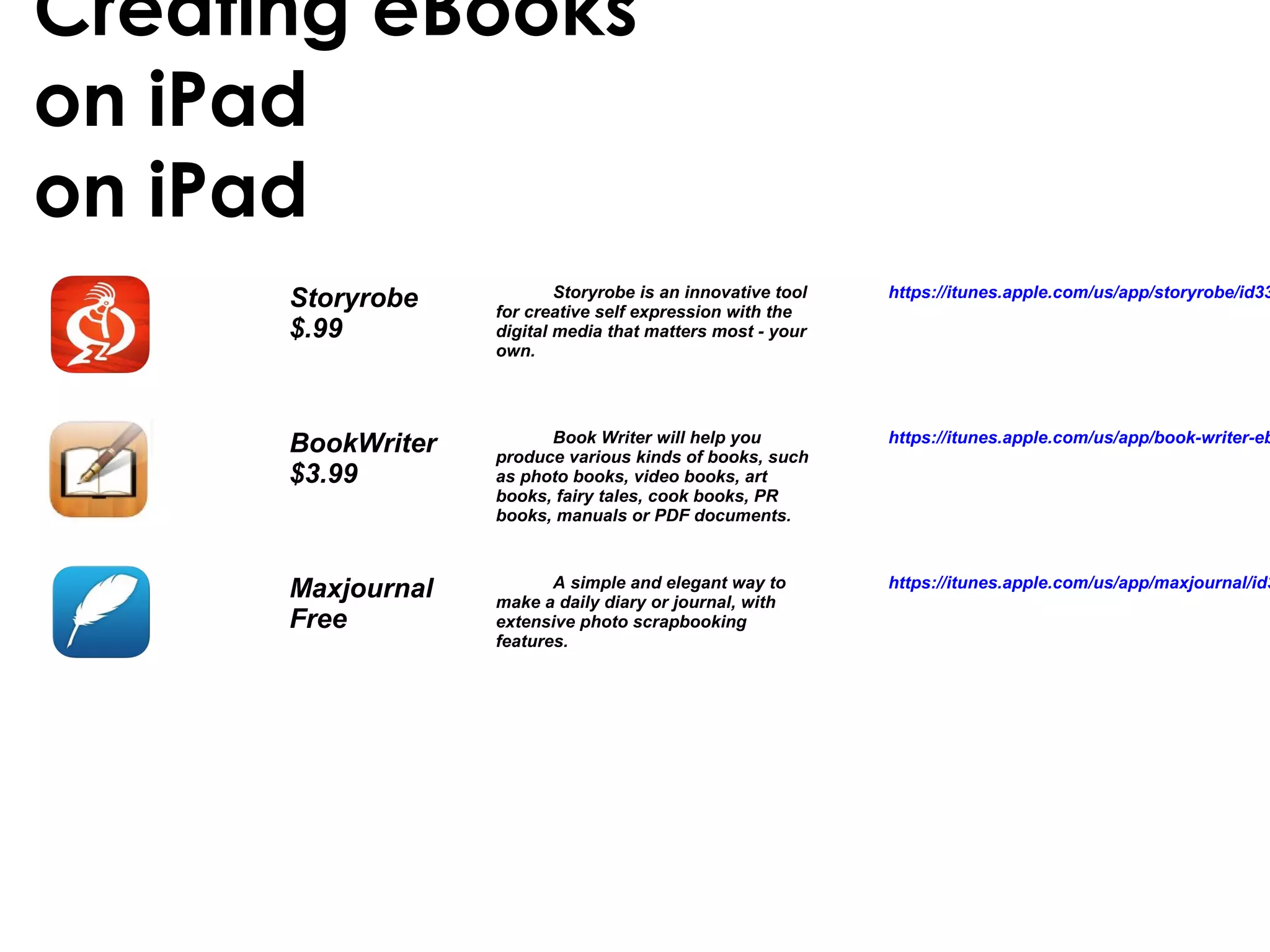 Creating eBooks
on iPad
on iPad
Storyrobe
$.99
Storyrobe is an innovative tool
for creative self expression with the
digital media that matters most - your
own.
https://itunes.apple.com/us/app/storyrobe/id33
BookWriter
$3.99
Book Writer will help you
produce various kinds of books, such
as photo books, video books, art
books, fairy tales, cook books, PR
books, manuals or PDF documents.
https://itunes.apple.com/us/app/book-writer-eb
Maxjournal
Free
A simple and elegant way to
make a daily diary or journal, with
extensive photo scrapbooking
features.
https://itunes.apple.com/us/app/maxjournal/id3
 