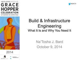 2014 
Build & Infrastructure 
Engineering 
What It Is and Why You Need It 
Na’Tosha J. Bard 
October 9, 2014 
#GHC14 
2014 
 