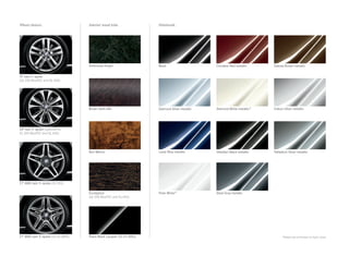 Wheel choices.

Interior wood trim.

Paintwork.

Anthracite Poplar

Black

Cinnabar Red metallic

Dakota Brown metallic

Brown Satin Ash

Diamond Silver metallic

Diamond White metallic31

Iridium Silver metallic

Burl Walnut

Lunar Blue metallic

Obsidian Black metallic

Palladium Silver metallic

Eucalyptus
(GL 350 BlueTEC and GL 450)

Polar White23

Steel Grey metallic

19 twin 5 -spoke
(GL 350 BlueTEC and GL 450)

20 twin 5 - spoke (optional on
GL 350 BlueTEC and GL 450)

21 AMG twin 5 -spoke (GL 550)

21 AMG twin 5 -spoke (GL 63 AMG)

Piano Black Lacquer (GL 63 AMG)

Please see endnotes on back cover.

 