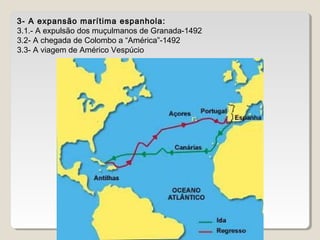 3- A expansão marítima espanhola: 
3.1.- A expulsão dos muçulmanos de Granada-1492 
3.2- A chegada de Colombo a “América”-1492 
3.3- A viagem de Américo Vespúcio 
 