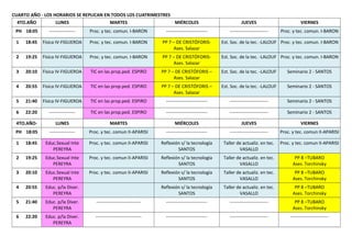 CUARTO AÑO - LOS HORARIOS SE REPLICAN EN TODOS LOS CUATRIMESTRES
4TO.AÑO
LUNES
MARTES
MIÉRCOLES
PH 18:05

-----------------

Proc. y tec. comun. I-BARON

---------------------------

JUEVES

VIERNES

-------------------------

Proc. y tec. comun. I-BARON

1

18:45

Física IV-FIGUEROA

Proc. y tec. comun. I-BARON

PP 7 – DE CRISTÓFORISAses. Salazar

Est. Soc. de la tec. -LALOUF Proc. y tec. comun. I-BARON

2

19:25

Física IV-FIGUEROA

Proc. y tec. comun. I-BARON

PP 7 – DE CRISTÓFORISAses. Salazar

Est. Soc. de la tec. -LALOUF Proc. y tec. comun. I-BARON

3

20:10

Física IV-FIGUEROA

TIC en las prop.ped. ESPIRO

PP 7 – DE CRISTÓFORIS –
Ases. Salazar

Est. Soc. de la tec. -LALOUF

Seminario 2 - SANTOS

4

20:55

Física IV-FIGUEROA

TIC en las prop.ped. ESPIRO

PP 7 – DE CRISTÓFORIS –
Ases. Salazar

Est. Soc. de la tec. -LALOUF

Seminario 2 - SANTOS

5

21:40

Física IV-FIGUEROA

TIC en las prop.ped. ESPIRO

---------------------------

-------------------------

Seminario 2 - SANTOS

6

22:20

-----------------

TIC en las prop.ped. ESPIRO

---------------------------

-------------------------

Seminario 2 - SANTOS

4TO.AÑO-

LUNES

MARTES

MIÉRCOLES

JUEVES

VIERNES

PH 18:05

-----------------

Proc. y tec. comun II-APARISI

---------------------------

-------------------------

Proc. y tec. comun II-APARISI

1

18:45

Educ.Sexual Inte
PEREYRA

Proc. y tec. comun II-APARISI

Reflexión s/ la tecnología
SANTOS

Taller de actualiz. en tec.
VASALLO

Proc. y tec. comun II-APARISI

2

19:25

Educ.Sexual Inte
PEREYRA

Proc. y tec. comun II-APARISI

Reflexión s/ la tecnología
SANTOS

Taller de actualiz. en tec.
VASALLO

PP 8 –TUBARO
Ases. Torchinsky

3

20:10

Educ.Sexual Inte
PEREYRA

Proc. y tec. comun II-APARISI

Reflexión s/ la tecnología
SANTOS

Taller de actualiz. en tec.
VASALLO

PP 8 –TUBARO
Ases. Torchinsky

4

20:55

Educ. p/la Diver.
PEREYRA

Reflexión s/ la tecnología
SANTOS

Taller de actualiz. en tec.
VASALLO

PP 8 –TUBARO
Ases. Torchinsky

5

21:40

Educ. p/la Diver.
PEREYRA

-----------------------------

---------------------------

-------------------------

PP 8 –TUBARO
Ases. Torchinsky

6

22:20

Educ. p/la Diver.
PEREYRA

------------------------------

---------------------------

-------------------------

-------------------------

 