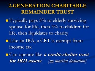 2-GENERATION CHARITABLE 
REMAINDER TRUST 
 Typically pays 5% to elderly surviving 
spouse for life, then 5% to children for 
life, then liquidates to charity 
 Like an IRA, a CRT is exempt from 
income tax 
 Can operate like a credit-shelter trust 
for IRD assets [no marital deduction] 
 