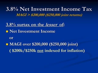 3.8% Net Investment Income Tax 
MAGI > $200,000 ($250,000 joint returns) 
3.8% surtax on the lesser of: 
 Net Investment Income 
or 
 MAGI over $200,000 ($250,000 joint) 
( $200k/$250k not indexed for inflation) 
 