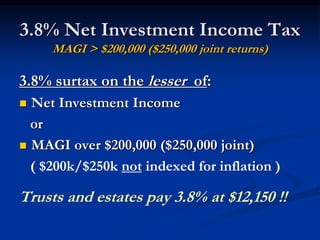 3.8% Net Investment Income Tax 
MAGI > $200,000 ($250,000 joint returns) 
3.8% surtax on the lesser of: 
 Net Investment Income 
or 
 MAGI over $200,000 ($250,000 joint) 
( $200k/$250k not indexed for inflation ) 
Trusts and estates pay 3.8% at $12,150 !! 
 