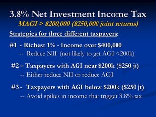 3.8% Net Investment Income Tax 
MAGI > $200,000 ($250,000 joint returns) 
Strategies for three different taxpayers: 
#1 - Richest 1% - Income over $400,000 
-- Reduce NII (not likely to get AGI <200k) 
#2 – Taxpayers with AGI near $200k ($250 jt) 
-- Either reduce NII or reduce AGI 
#3 - Taxpayers with AGI below $200k ($250 jt) 
-- Avoid spikes in income that trigger 3.8% tax 
 