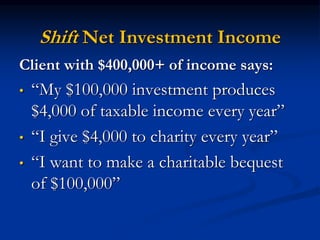Shift Net Investment Income 
Client with $400,000+ of income says: 
• “My $100,000 investment produces 
$4,000 of taxable income every year” 
• “I give $4,000 to charity every year” 
• “I want to make a charitable bequest 
of $100,000” 
 