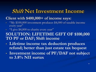 Shift Net Investment Income 
Client with $400,000+ of income says: 
• “My $100,000 investment produces $4,000 of taxable income 
every year” 
• “I give $4,000 to charity every year” 
SOLUTION: LIFETIME GIFT OF $100,000 
TO PF or DAF; Shift income 
• Lifetime income tax deduction produces 
refund; better than just estate tax bequest 
• Investment income of PF/DAF not subject 
to 3.8% NII surtax 
. 
 