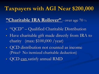 Taxpayers with AGI Near $200,000 
”Charitable IRA Rollover” - over age 70 ½ 
• “QCD” – Qualified Charitable Distribution 
• Have charitable gift made directly from IRA to 
charity (max: $100,000 /year) 
• QCD distribution not counted as income 
(Price? No itemized charitable deduction) 
• QCD can satisfy annual RMD 
 