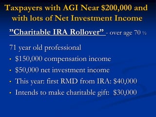 Taxpayers with AGI Near $200,000 and 
with lots of Net Investment Income 
”Charitable IRA Rollover” - over age 70 ½ 
71 year old professional 
• $150,000 compensation income 
• $50,000 net investment income 
• This year: first RMD from IRA: $40,000 
• Intends to make charitable gift: $30,000 
 