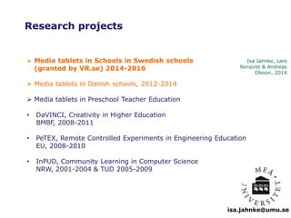 isa.jahnke@umu.se 
Research projects 
 Media tablets in Schools in Swedish schools 
(granted by VR.se) 2014-2016 
 Media tablets in Danish schools, 2012-2014 
 Media tablets in Preschool Teacher Education 
• DaVINCI, Creativity in Higher Education 
BMBF, 2008-2011 
• PeTEX, Remote Controlled Experiments in Engineering Education 
EU, 2008-2010 
• InPUD, Community Learning in Computer Science 
NRW, 2001-2004 & TUD 2005-2009 
Isa Jahnke, Lars 
Norqvist & Andreas 
Olsson, 2014 
 