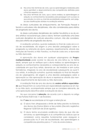 CRITÉRIOS DEAVALIAÇÃO |12
a) Nos anos não terminais de ciclo, que as aprendizagens realizadas pelo
aluno permitem o desenvolvimento das competências definidas para
o final do respetivo ciclo;
b) Nos anos terminais de ciclo, que o aluno realizou as aprendizagens e
adquiriu os conhecimentos necessários para prosseguir com sucesso os
seus estudos no ciclo ou nível de escolaridade subsequente, sem preju-
ízo das classificações obtidas na avaliação externa.
As áreas curriculares de enriquecimento, de Formação Pessoal e
Social e curriculares não disciplinares, não são consideradas para efeitos
de progressão dos alunos.
As áreas curriculares disciplinares de caráter facultativo e as do en-
sino artístico vocacional que, para o aluno, tenham substituído uma área
curricular disciplinar do currículo educativo comum, não são considera-
das para efeitos de progressão dos alunos.
A avaliação sumativa, quando realizada no final de cada ano e ci-
clo de escolaridade, dá origem a uma decisão pedagógica sobre a
progressão ou retenção do aluno, expressa, respetivamente, através das
menções de Transitou e Não Transitou, no final de cada ano, e Aprovado
ou Não Aprovado.
A aprovação dos alunos em qualquer subprograma do Progra-
maOportunidade pode ocorrer no decurso do ano letivo ou no termo
deste, sempre que se verifique que o aluno realizou as aprendizagens e
adquiriu os conhecimentos necessários e correspondentes ao ano de es-
colaridade em que ficou retido, devendo ser, de imediato e sem outros
formalismos, integrado no ano de escolaridade subsequente ao qual fi-
cou retido. A avaliação sumativa, quando realizada no final da frequên-
cia do subprograma, dá origem a uma decisão pedagógica sobre a
aprovação ou não aprovação do aluno e expressa-se através das men-
ções, respetivamente de Aprovado ou Não Aprovado.
A avaliação final de ano dos alunos do ensino artístico especializa-
do que frequentam os cursos livres por especialidade expressa-se em Ap-
to ou Não Apto, acompanhada sempre que se considere relevante, de
uma apreciação descritiva sobre a evolução do aluno.
No que concerne à retenção, de acordo com o disposto no artigo
14º da Portaria 9/2013 de 11 de fevereiro:
No 1º ano de escolaridade só há lugar a retenção se:
a) O aluno tiver ultrapassado o limite de faltas previsto no Estatuto
dos Alunos dos Ensinos Básico e Secundário (Decreto Legislativo
Regional 12/2013/A de 23 de agosto);
b) O aluno tenha acumulado evidências claras de que não de-
senvolveu as aprendizagens e as competências básicas que se
consideram como requisitos fundamentais para assegurar a
prossecução no 2º ano de escolaridade, das aprendizagens e
competências previstas para o 1º ciclo do ensino básico.
 