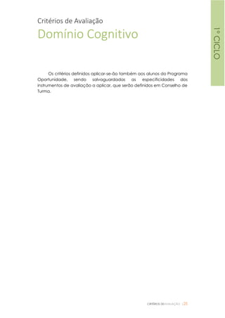 CRITÉRIOS DEAVALIAÇÃO |25
Critérios de Avaliação
Domínio Cognitivo
Os critérios definidos aplicar-se-ão também aos alunos do Programa
Oportunidade, sendo salvaguardadas as especificidades dos
instrumentos de avaliação a aplicar, que serão definidos em Conselho de
Turma.
1ºCICLO
 