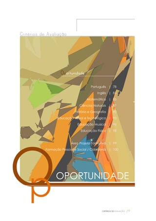CRITÉRIOS DEAVALIAÇÃO |77
Critérios de Avaliação
O
Oportunidade
Português | 78
Inglês | 83
Matemática | 85
Ciências Naturais | 87
História e Geografia | 90
Educação Visual e Tecnológica | 93
Educação Musical | 96
Educação Física | 98
Área Projeto Formativo | 99
Formação Pessoal e Social / Cidadania | 100
OPORTUNIDADE
p
 