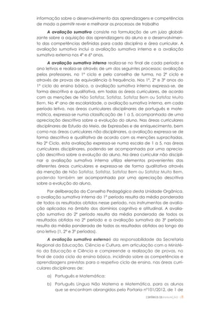 CRITÉRIOS DEAVALIAÇÃO |8
informação sobre o desenvolvimento das aprendizagens e competências
de modo a permitir rever e melhorar os processos de trabalho
A avaliação sumativa consiste na formulação de um juízo globali-
zante sobre a aquisição das aprendizagens do aluno e o desenvolvimen-
to das competências definidas para cada disciplina e área curricular. A
avaliação sumativa inclui a avaliação sumativa interna e a avaliação
sumativa externa nos 4º e 6º anos.
A avaliação sumativa interna realiza-se no final de cada período e
ano letivos e realiza-se através de um dos seguintes processos: avaliação
pelos professores, no 1º ciclo e pelo conselho de turma, no 2º ciclo e
através de provas de equivalência à frequência. Nos 1º, 2º e 3º anos do
1º ciclo do ensino básico, a avaliação sumativa interna expressa-se, de
forma descritiva e qualitativa, em todas as áreas curriculares, de acordo
com as menções de Não Satisfaz, Satisfaz, Satisfaz Bem ou Satisfaz Muito
Bem. No 4º ano de escolaridade, a avaliação sumativa interna, em cada
período letivo, nas áreas curriculares disciplinares de português e mate-
mática, expressa-se numa classificação de 1 a 5, acompanhada de uma
apreciação descritiva sobre a evolução do aluno. Nas áreas curriculares
disciplinares de Estudo do Meio, de Expressões e de enriquecimento, bem
como nas áreas curriculares não disciplinares, a avaliação expressa-se de
forma descritiva e qualitativa de acordo com as menções supracitadas.
No 2º Ciclo, esta avaliação expressa-se numa escala de 1 a 5, nas áreas
curriculares disciplinares, podendo ser acompanhada por uma aprecia-
ção descritiva sobre a evolução do aluno. Na área curricular não discipli-
nar a avaliação sumativa interna utiliza elementos provenientes das
diferentes áreas curriculares e expressa-se de forma qualitativa através
da menção de Não Satisfaz, Satisfaz, Satisfaz Bem ou Satisfaz Muito Bem,
podendo também ser acompanhada por uma apreciação descritiva
sobre a evolução do aluno.
Por deliberação do Conselho Pedagógico desta Unidade Orgânica,
a avaliação sumativa interna do 1º período resulta da média ponderada
de todos os resultados obtidos nesse período, nos instrumentos de avalia-
ção aplicados no âmbito dos domínios cognitivo e atitudinal. A avalia-
ção sumativa do 2º período resulta da média ponderada de todos os
resultados obtidos no 2º período e a avaliação sumativa do 3º período
resulta da média ponderada de todos os resultados obtidos ao longo do
ano letivo (1, 2º e 3º períodos).
A avaliação sumativa externaé da responsabilidade da Secretaria
Regional da Educação, Ciência e Cultura, em articulação com o Ministé-
rio da Educação e Ciência e compreende a realização de provas, no
final de cada ciclo do ensino básico, incidindo sobre as competências e
aprendizagens previstas para o respetivo ciclo de ensino, nas áreas curri-
culares disciplinares de:
a) Português e Matemática;
b) Português Língua Não Materna e Matemática, para os alunos
que se encontram abrangidos pelo Portaria nº101/2012, de 1 de
 