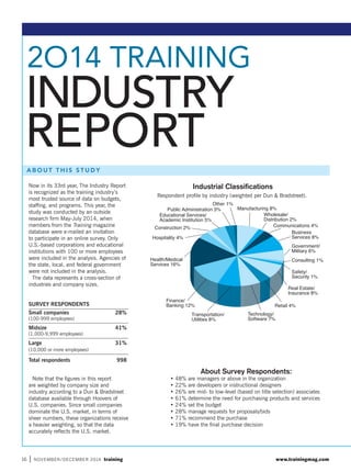 A B O U T T H I S S T U D Y
16 | NOVEMBER/DECEMBER 2014 training
REPORT
INDUSTRY
2O14 TRAINING
Now in its 33rd year, The Industry Report
is recognized as the training industry’s
most trusted source of data on budgets,
stafﬁng, and programs. This year, the
study was conducted by an outside
research ﬁrm May-July 2014, when
members from the Training magazine
database were e-mailed an invitation
to participate in an online survey. Only
U.S.-based corporations and educational
institutions with 100 or more employees
were included in the analysis. Agencies of
the state, local, and federal government
were not included in the analysis.
The data represents a cross-section of
industries and company sizes.
SURVEY RESPONDENTS
Small companies 28%
(100-999 employees)
Midsize 41%
(1,000-9,999 employees)
Large 31%
(10,000 or more employees)
Total respondents 998
Note that the ﬁgures in this report
are weighted by company size and
industry according to a Dun  Bradstreet
database available through Hoovers of
U.S. companies. Since small companies
dominate the U.S. market, in terms of
sheer numbers, these organizations receive
a heavier weighting, so that the data
accurately reﬂects the U.S. market.
www.trainingmag.com
About Survey Respondents:
Industrial Classiﬁcations
Respondent proﬁle by industry (weighted per Dun  Bradstreet).
(GXFDWLRQDO 6HUYLFHV
$FDGHPLF ,QVWLWXWLRQ 
3XEOLF $GPLQLVWUDWLRQ 
2WKHU 
0DQXIDFWXULQJ 
:KROHVDOH
'LVWULEXWLRQ 
RPPXQLFDWLRQV 
%XVLQHVV
6HUYLFHV 
*RYHUQPHQW
0LOLWDU 
RQVXOWLQJ 
6DIHW
6HFXULW 
5HDO (VWDWH
,QVXUDQFH 
5HWDLO 
7HFKQRORJ
6RIWZDUH 
7UDQVSRUWDWLRQ
8WLOLWLHV 
)LQDQFH
%DQNLQJ 
+HDOWK0HGLFDO
6HUYLFHV 
+RVSLWDOLW 
RQVWUXFWLRQ 
 