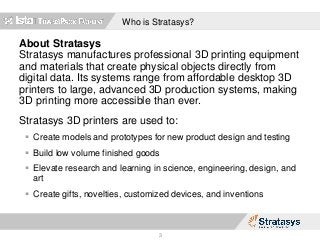 About Stratasys
Stratasys manufactures professional 3D printing equipment
and materials that create physical objects directly from
digital data. Its systems range from affordable desktop 3D
printers to large, advanced 3D production systems, making
3D printing more accessible than ever.
Stratasys 3D printers are used to:
 Create models and prototypes for new product design and testing
 Build low volume finished goods
 Elevate research and learning in science, engineering, design, and
art
 Create gifts, novelties, customized devices, and inventions
3
Who is Stratasys?
 