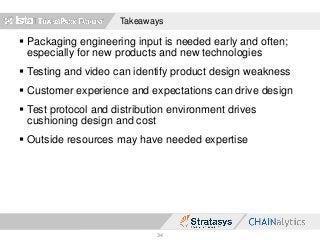Takeaways
 Packaging engineering input is needed early and often;
especially for new products and new technologies
 Testing and video can identify product design weakness
 Customer experience and expectations can drive design
 Test protocol and distribution environment drives
cushioning design and cost
 Outside resources may have needed expertise
34
 