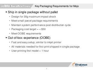 Key Packaging Requirements for Mojo
 Ship in single package without pallet
 Design for 30g maximum impact shock
 Meet small parcel package requirements
 Maintain system performance post distribution cycle
 Packaging cost target = < $50
 Meet OOBE requirements
 Out-of-box experience (OOBE)
 Fast and easy setup; similar to inkjet printer
 All materials needed for first print shipped in single package
 User printing first model < 1 hour
6
 