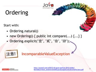 25
Ordering
Start with:
http://qconsf.com/sf2012/dl/qcon-sanfran-2012/slides/
KevinBourrillion_AnOverviewOfGuavaGoogleCoreLibrariesForJava.pdf
• Ordering.natural()
• new Ordering() { public int compare(...) {...} }
• Ordering.explicit("壹", "貳", "叄", "肆");
IncomparableValueException注意!
 
