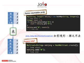 Some countable prob
java.lang.NullPointerException 如影隨形，揮之不去
Guava way!
南 3
⻄西 3
北 3
三萬 2
東 1
南 3
⻄西 3
北 3
三萬 2
東
 