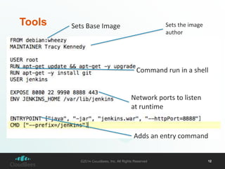 Sets Base Image Sets the image 
©2014 CloudBees, Inc. All Rights Reserved 12 
Tools 
©2013 CloudBees, Inc. 
All Rights Reserved 
author 
Command run in a shell 
Network ports to listen 
at runtime 
Adds an entry command 
 