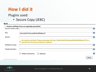©2014 CloudBees, Inc. All Rights Reserved 24 
How I did it 
Plugins used: 
• Secure Copy (JEBC) 
 