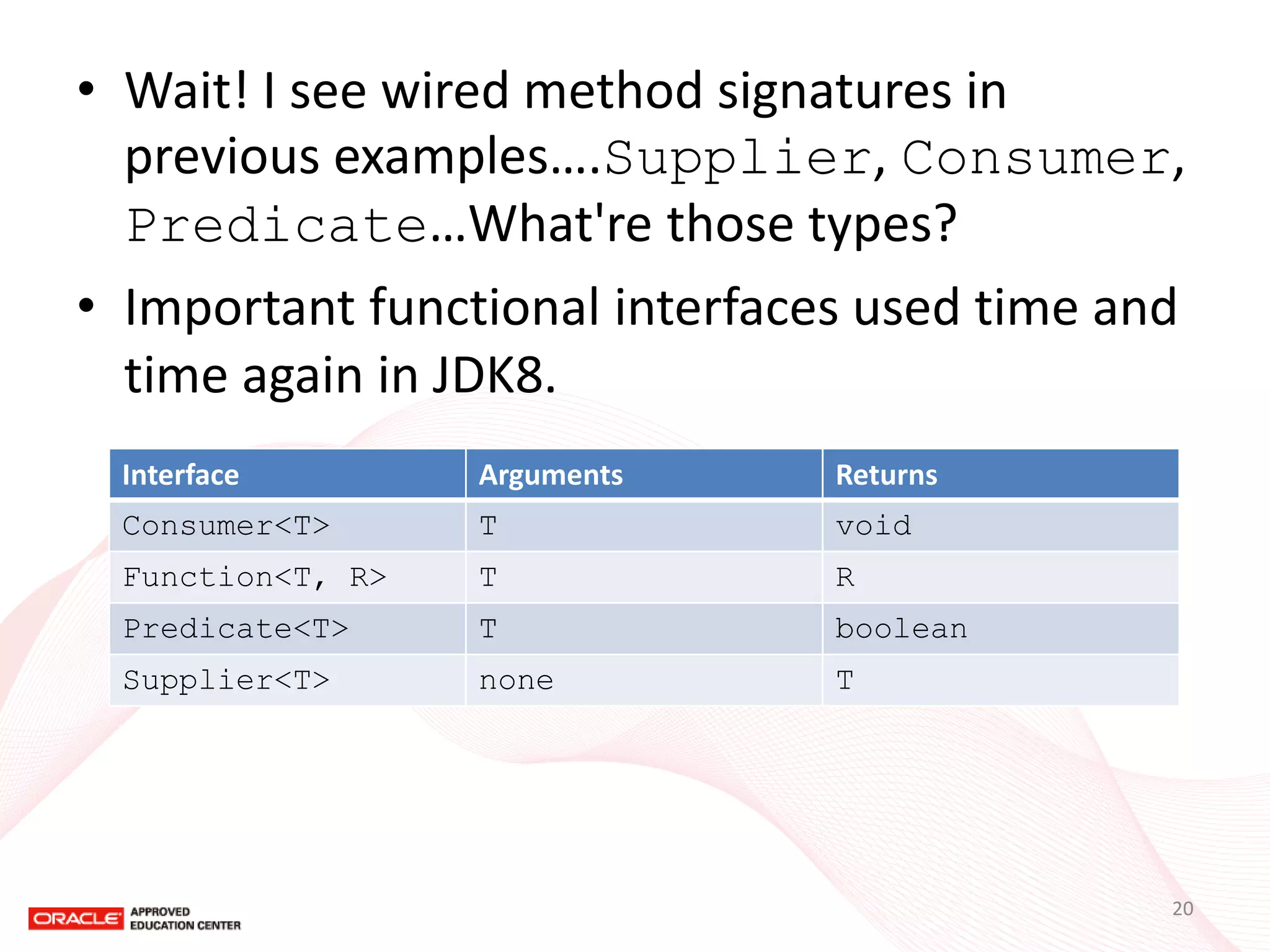 •Wait! I see wired method signatures in previous examples….Supplier, Consumer, Predicate…What're those types? 
•Important functional interfaces used time and time again in JDK8. 
Interface 
Arguments 
Returns 
Consumer<T> 
T 
void 
Function<T, R> 
T 
R 
Predicate<T> 
T 
boolean 
Supplier<T> 
none 
T 
20  