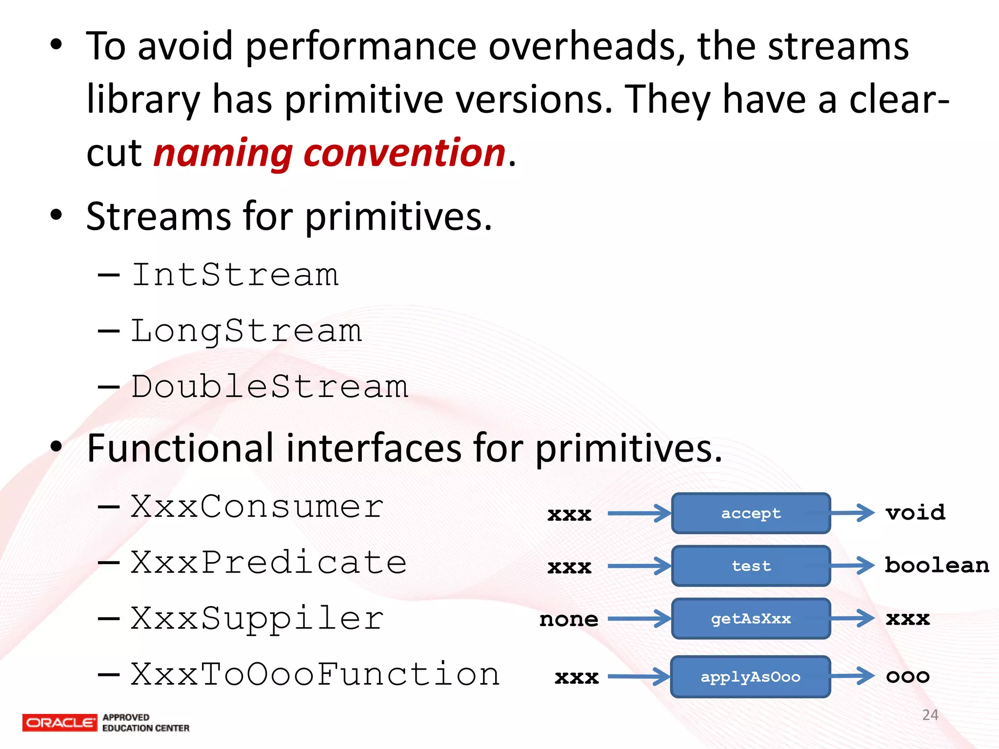 •To avoid performance overheads, the streams library has primitive versions. They have a clear- cut naming convention. 
•Streams for primitives. 
–IntStream 
–LongStream 
–DoubleStream 
•Functional interfaces for primitives. 
–XxxConsumer 
–XxxPredicate 
–XxxSuppiler 
–XxxToOooFunction 
accept 
xxx 
void 
test 
xxx 
boolean 
getAsXxx 
none 
xxx 
applyAsOoo 
xxx 
ooo 
24  