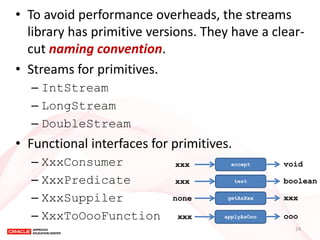 •To avoid performance overheads, the streams library has primitive versions. They have a clear- cut naming convention. 
•Streams for primitives. 
–IntStream 
–LongStream 
–DoubleStream 
•Functional interfaces for primitives. 
–XxxConsumer 
–XxxPredicate 
–XxxSuppiler 
–XxxToOooFunction 
accept 
xxx 
void 
test 
xxx 
boolean 
getAsXxx 
none 
xxx 
applyAsOoo 
xxx 
ooo 
24  