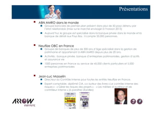 Présentations
ABN AMRO dans le monde
Groupe bancaire de premier plan présent dans plus de 50 pays détenu par
l’état néerla...