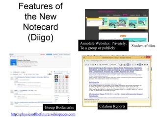 Features of
the New
Notecard
(Diigo) Annotate Websites: Privately,
To a group or publicly
Group Bookmarks
http://physicsofthefuture.wikispaces.com
Student efolios
Citation Reports
 