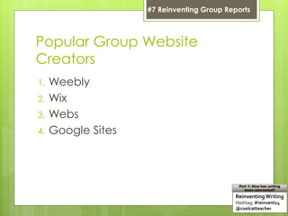 Popular Group Website
Creators
1. Weebly
2. Wix
3. Webs
4. Google Sites
ReinventingWriting
Hashtag: #reinvent14
@coolcatteacher
Part 1: How has writing
been reinvented?
#7 Reinventing Group Reports
 