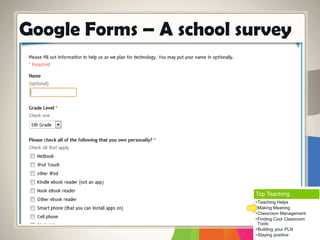 Google Forms – A school survey
Top Teaching
•Teaching Helps
•Making Meaning
•Classroom Management
•Finding Cool Classroom
Tools
•Building your PLN
•Staying positive
 