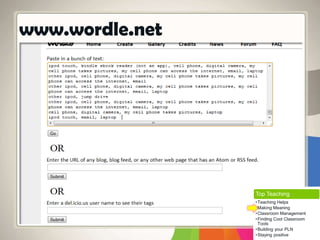 www.wordle.net
Top Teaching
•Teaching Helps
•Making Meaning
•Classroom Management
•Finding Cool Classroom
Tools
•Building your PLN
•Staying positive
 