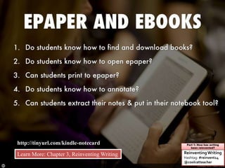 http://tinyurl.com/kindle-notecard
ReinventingWriting
Hashtag: #reinvent14
@coolcatteacher
Part 1: How has writing
been reinvented?
Learn More: Chapter 3, Reinventing Writing
 