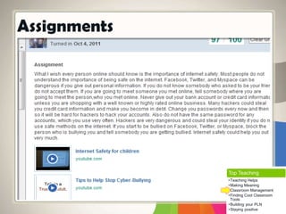 Assignments
Top Teaching
•Teaching Helps
•Making Meaning
•Classroom Management
•Finding Cool Classroom
Tools
•Building your PLN
•Staying positive
 