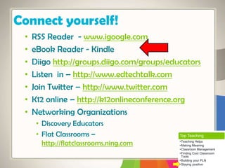 • RSS Reader - www.igoogle.com
• eBook Reader - Kindle
• Diigo http://groups.diigo.com/groups/educators
• Listen in – http://www.edtechtalk.com
• Join Twitter – http://www.twitter.com
• K12 online – http://k12onlineconference.org
• Networking Organizations
• Discovery Educators
• Flat Classrooms –
http://flatclassrooms.ning.com
Connect yourself!
Top Teaching
•Teaching Helps
•Making Meaning
•Classroom Management
•Finding Cool Classroom
Tools
•Building your PLN
•Staying positive
 