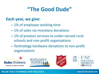 www.facilitydude.com
“The Good Dude”
Each year, we give:
– 1% of employee working time
– 1% of sales via monetary donations
– 1% of product services to under-served rural
schools and non-profit organizations
– Technology hardware donations to non-profit
organizations
 