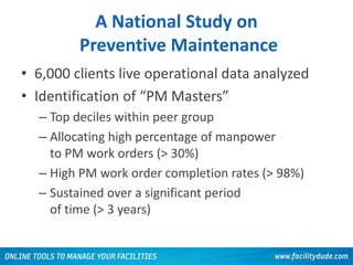 A National Study on
Preventive Maintenance
• 6,000 clients live operational data analyzed
• Identification of “PM Masters”
– Top deciles within peer group
– Allocating high percentage of manpower
to PM work orders (> 30%)
– High PM work order completion rates (> 98%)
– Sustained over a significant period
of time (> 3 years)
 
