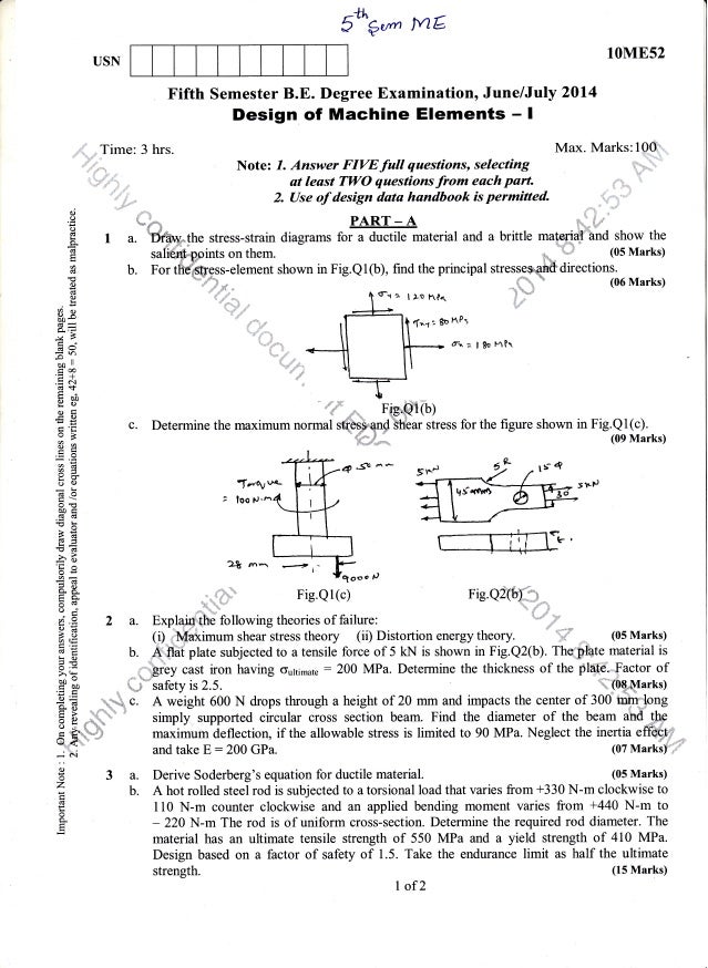 4th Semester (June; July2014) Mechanical Engineering Question Paper