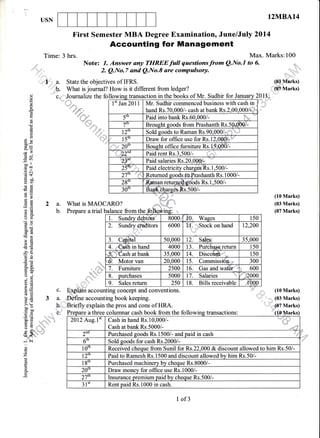 USN
I2MBA14
Max. Marks:100
First Semester MBA Degree Examination, June/July 2014
Accounting for Management
Time: 3 hrs.
Note: 7. Answer any TIfREEfull questionsfrom Q.No.I to 6. ,*;,.
2. Q.No.7 and Q.No.8 are compalsory. ,i
State the objectives of IFRS. (H Mnrk$.: lX ,, a.
t
D"
c:,
What is journal? How is it different from ledger? 1" (QTMarks)
20t1,,:, "''do
ocO
L
o.
6
d
!
ID
<d
()
L
E9
6=
o.;:
-vF
6U
5rt
oo ll
troo
.E i.r
ds
9dog
-o
HL
Ee
a=
.i()
.dO
oot
.9d
?6
6-
Ed
'].()
5 .!l
ri o-
5(€oj
*'!vd
BoqlE
EEqo
5dh.=
>' (F
booqbo
6)=
!+9
E6
a-
q#-.
Ji{
C)
z
it
o
:Journalize the followi
What is MAOCAR
Prepare atrial
transactlon m the booKs oI Mr. suonr ror Januar
1" Jan 201 1 Mr. Sudhir commenced business with cash rn
hand Rs.70.000/. cash at bank Rs.2,00,000/- '
5tn Paid into bank Rs.60,000/- ftk-
7'n Brousht goods from Prashanth Rs.50d0Q/-
l2'" Sold goods to Raman *t.rO,OOOr.r*r*',
l5'' Draw for office use for Rs.12.000X-t'
;..,'...;,..,,.. 20rl Boueht office furniture Rs.trfl000/-
" -,....,,,22* Paid rent Rs.3,500/-
UD,
Paid salaries Rs. 20.000/*
2ft' ..': Paid electricity charsesRs. 1.5001
27'," o fl, Returned eoods.fh]rashanth Rs. 1 000/-
2gtb Rmnan returned*oods Rs. 1,500/-
30'n BaffibhargduR.s.500/-
o?
ion in the books of Mr. Sudhir for J
'1 ::..:'
2a.
b.
(10 Marks)
(03 Marks)
(07 Marks)
',,,*'' | 9' sales refurn I 25u
c. E4di" accounting concept and conventions.
a. .Ddfine accounting book keeping.
'"'',,:,;!0,7 Marks)
3
' ,,. "',,,,.,,,,,;.
,=',,,=tt- ''
*#
b,r.,'Briefly explain the pros and cons of HRA.
c.'
.:::::
,,
balance from the
1. Sundrvdebtfu 8000, I0. Waqes 150
2. 6000 [!. ...;Stock on hand 12,200
3. Capital 50-000 12. Seles 35-000
4. .-'eeSh in hand 4000 13. Puichasqreturn 150
5:tash at bank 35.000 14. DiscoMt"- 150
"G Motor van 20.000 15. Commissidn,,,,,=,, 300
7. Furniture 2500 16. Gas and wa#r' 600
8. purchases s000 17. Salaries h -
"zooo
9. Sales return 250 18. Bills receivable 00
Preoare a three columnar cash book from the followins transactions: rks
2012 Aug.1" Cash in hand Rs.10,000/-
Cash at bank Rs.5000/-
b. .#
.*!{'t?
2 Purchased soods Rs.1500/- and oaid in cash
6tn Sold soods for cash Rs.2000/-
10'n Received cheque from Sunil for Rs.22,000 & discount allowed to him Rs.50/-
l2'" Paid to Ramesh Rs.1500 and discount allowed bv him Rs.50/-
l g'n Purchased machinerv bv cheoue Rs.8000A
20'n Draw money for office use Rs.1000/-
27'n lnsurance oremium oaid bv cheoue Rs.500/-
31't Rent paid Rs.1000 in cash.
I of3
 