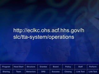 Program Head Start Structure Grantee Board Policy Staff Perform
Sharing Team Behaviors DRS Success Closing Link Text Link Text
http://eclkc.ohs.acf.hhs.gov/h
slc/tta-system/operations
 
