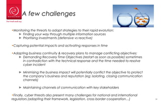 24
A few challenges
•Monitoring the threats to adapt strategies to their rapid evolution:
► Finding your way through multiple information sources
► Prioritising investments (defensive vs reactive)
•Capturing potential impacts and activating responses in time
•Adapting business continuity & recovery plans to manage conflicting objectives:
► Demanding Recovery Time Objectives (restart as soon as possible) sometimes
in contradiction with the technical response and the time needed to resolve
cyber incident
► Minimising the business impact will potentially conflict the objective to protect
the company’s business and reputation (eg: isolating, closing communication
channels)
► Maintaining channels of communication with key stakeholders
•Finally, cyber threats also present many challenges for national and international
regulators (adapting their framework, legislation, cross border cooperation…)
 