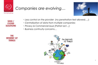 Companies are evolving…
• Less control on the provider (no penetration-test allowed,…);
• Centralization of data from multiple companies;
• Privacy & Commercial issue (Patriot act…);
• Business continuity concerns…
55
 