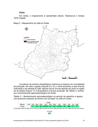 Goiás
Em Goiás, o mapeamento é apresentado abaixo. Destaca-se o manejo
100% irrigado.
Mapa 2 – Mapeamento do café em Goiás
A ausência de eventos climatológicos extremos se traduziu em normalidade
da produção. De maio a agosto (Figuras 9 a 12), o clima favoreceu a fase final da
maturação e de colheita do café. Apenas houve chuvas atípicas em julho na região
sul do estado (Figura 11). A Expectativa é de boa produção. Na Tabela 3, verifica-
se o monitoramento agrometeorológico em Goiás.
*(F)=floração; (CH)=formação dos chumbinhos; (EF)=expansão dos frutos; (GF)=granação dos frutos; (M)=maturação; (C)=colheita.
Acompanhamento da Safra Brasileira de Café, Safra 2014, Terceiro Levantamento, Brasília, set. de 2014. 25
Tabela 3 – Monitoramento agrometeorológico no período de setembro a agosto,
com possíveis impactos de acordo com as fases* do café em Goiás
 