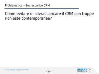 Liferay Symposium Italy, Rome 2014 
- 31 - 
Problematica – Sovraccarico CRM 
Come evitare di sovraccaricare il CRM con troppe richieste contemporanee?  
