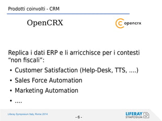 Liferay Symposium Italy, Rome 2014 
- 6 - 
Replica i dati ERP e li arricchisce per i contesti “non fiscali”: 
●Customer Satisfaction (Help-Desk, TTS, ....) 
●Sales Force Automation 
●Marketing Automation 
●.... 
Prodotti coinvolti - CRM 
OpenCRX  